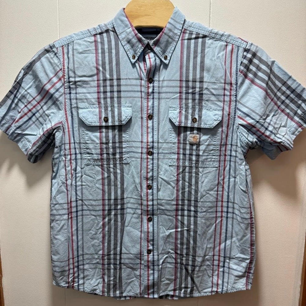Carhartt Mens Loose Fit Plaid Short Sleeve Button Down Shirt Blue‎ Size Large